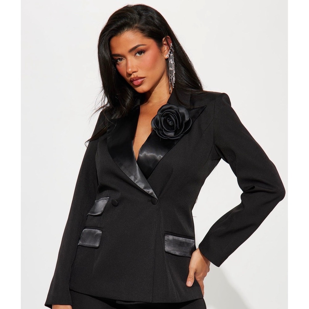 (CL) Fashion Nova Black Satin Trim Double Breasted Blazer Jacket XS 24GW03570